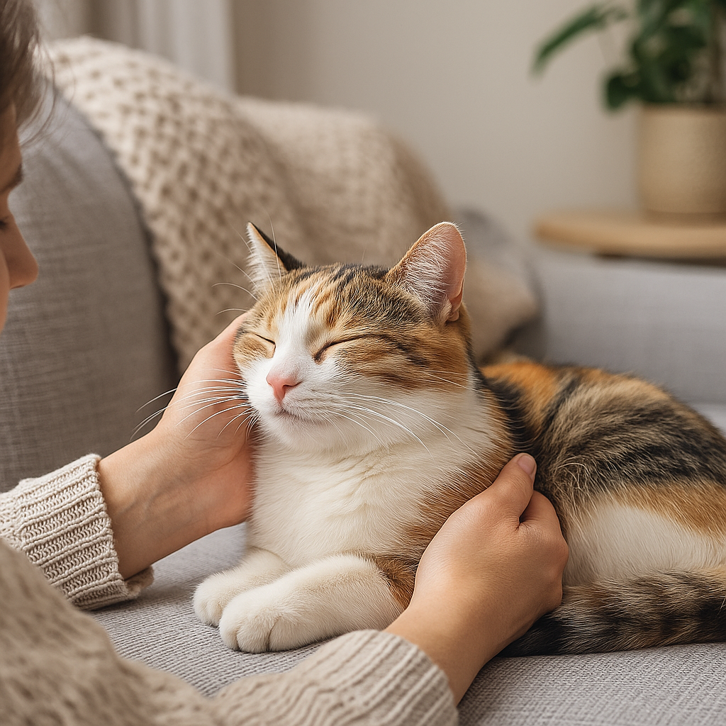 A cat with eyes closed being petted by a person on a grey sofa.