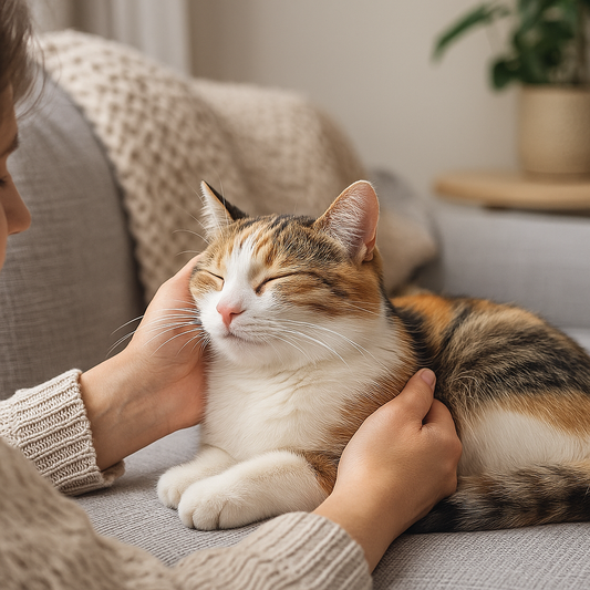 A cat with eyes closed being petted by a person on a grey sofa.