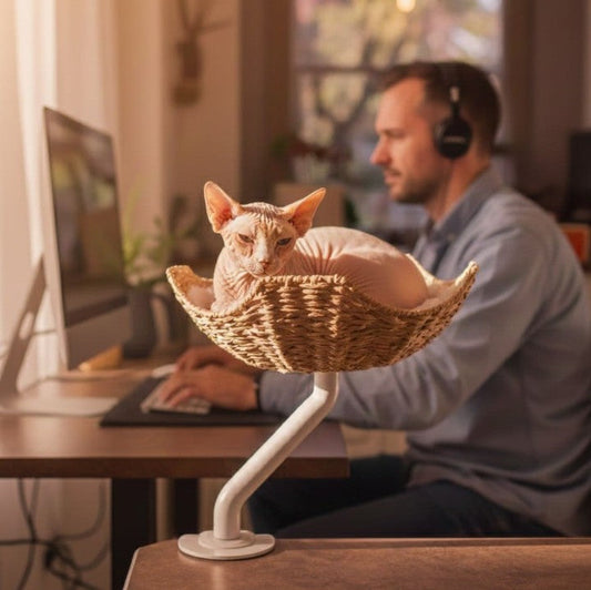 A Sphynx cat curled in an ERGO PURRCH® woven basket bed mounted to a desk while a man works at a computer nearby.