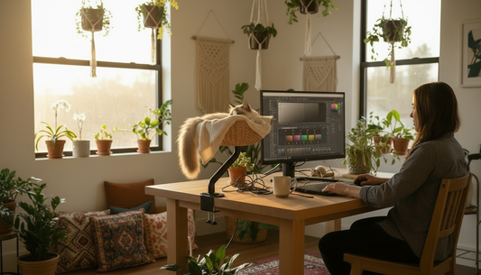 A fluffy cat relaxes in a desk-mounted bed beside a woman working on a tablet at her desk.