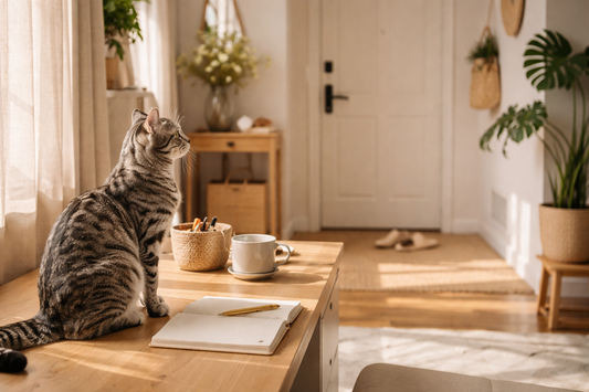 A grey tabby cat sitting on a wooden desk looking toward a window in a bright, plant-filled home interior.
