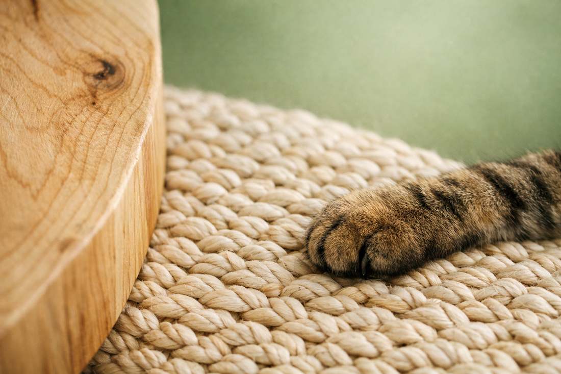 A tabby cat's paw resting on a woven surface next to a piece of natural wood.