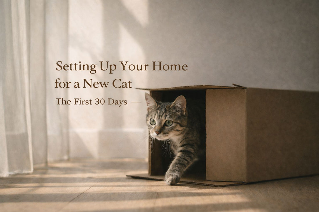 Newly adopted tabby cat cautiously stepping out of a cardboard box in a softly lit room, with warm natural sunlight and overlay text reading “Setting Up Your Home for a New Cat — The First 30 Days”