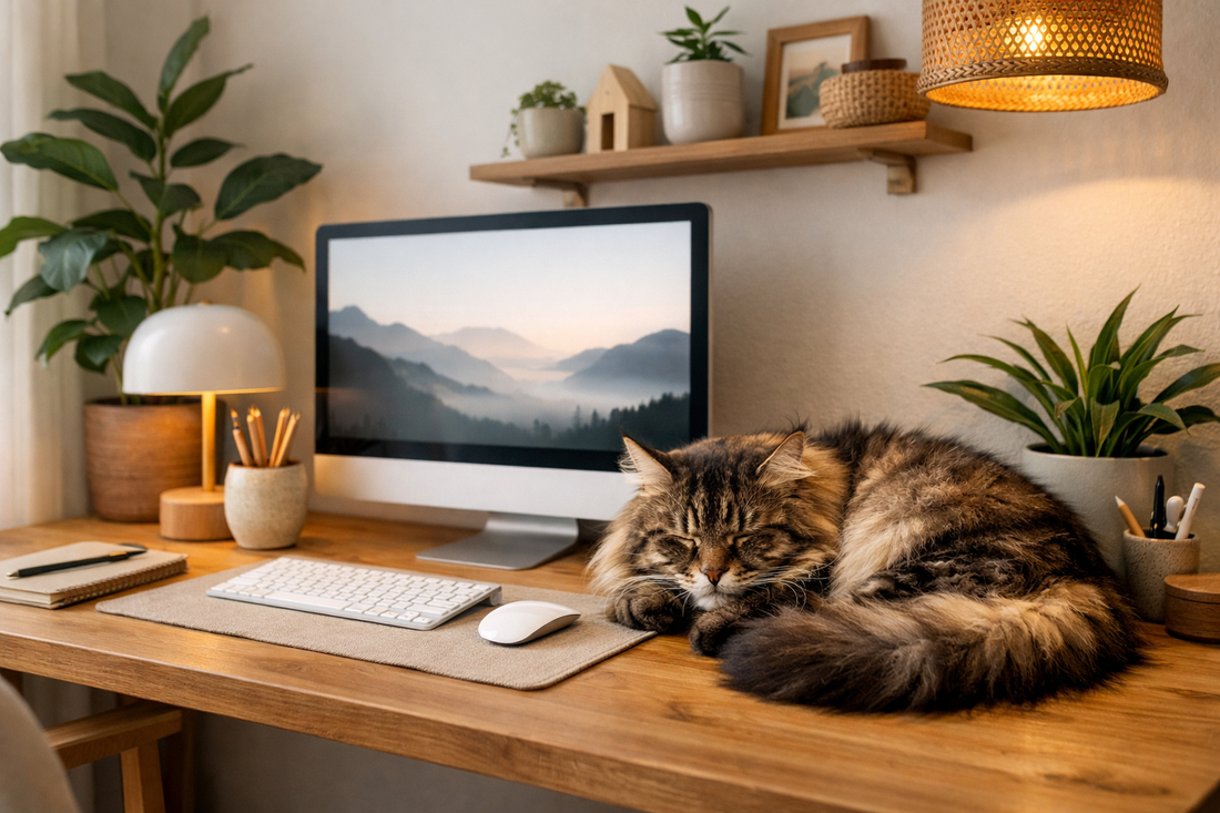A fluffy long-haired cat sleeping on a wooden desk beside a computer monitor in a cozy home office.
