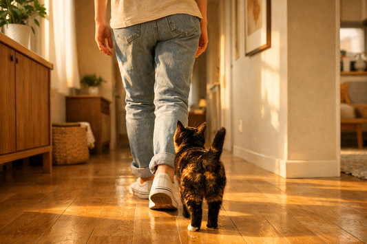 A tortoiseshell cat walking alongside a person's feet through a sunlit hallway.