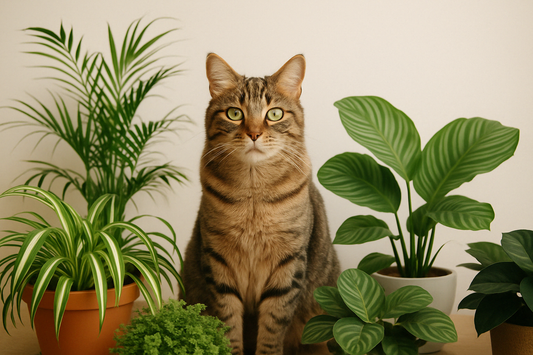 A tabby cat sitting upright surrounded by several potted houseplants against a white wall.