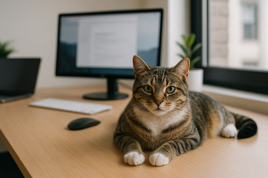 A tabby cat lounging on a wooden desk in front of a computer monitor.