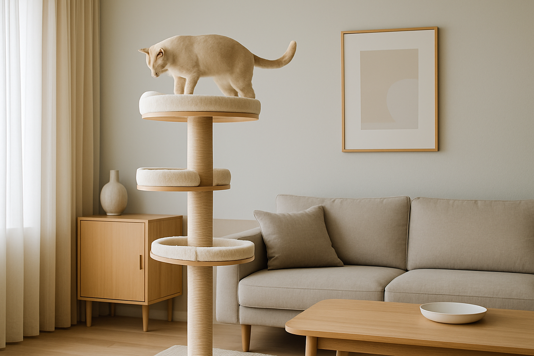 Modern cat tree in a minimalist living room
