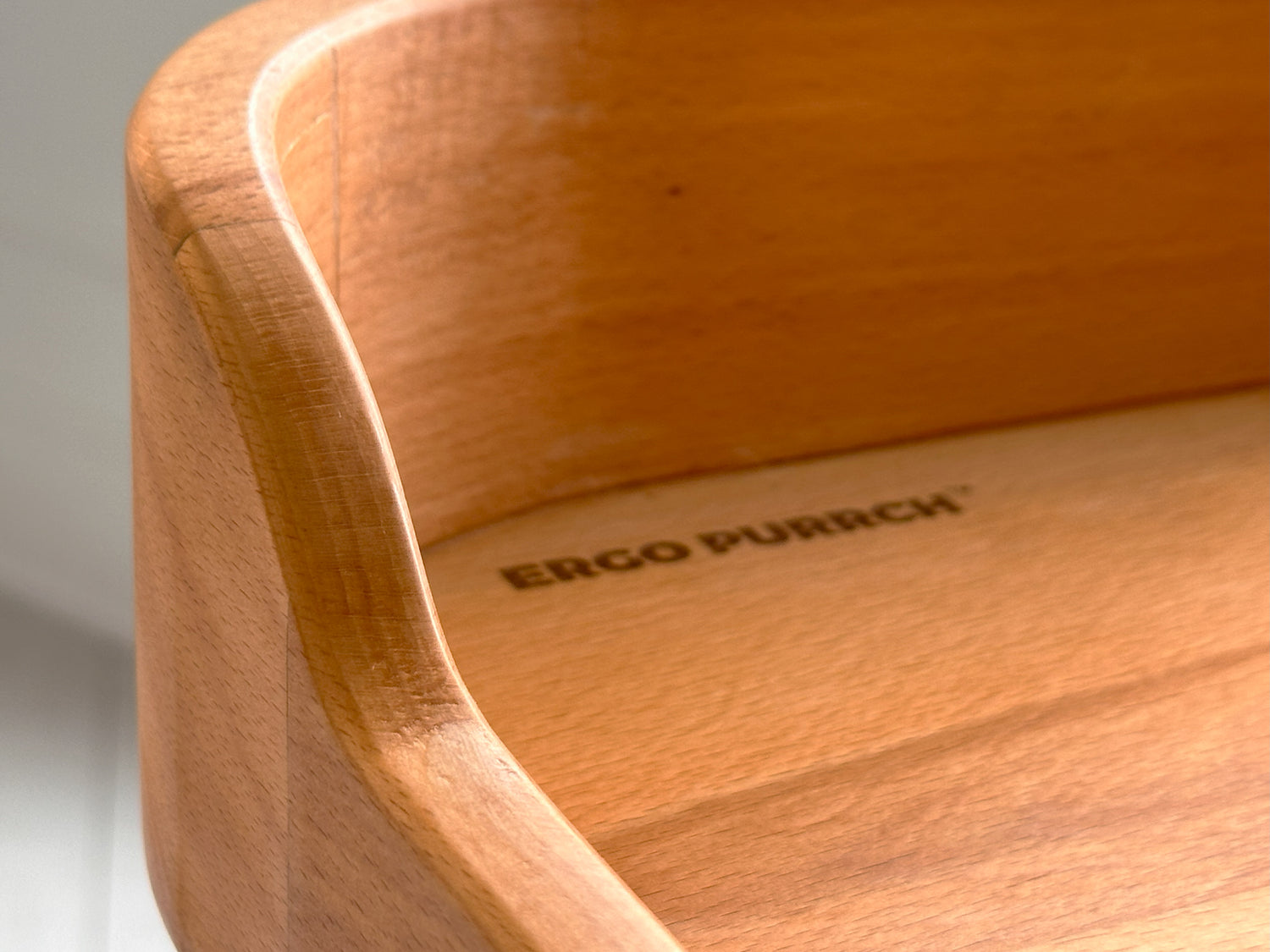 Close-up of the ERGO PURRCH™ wooden cat bed, highlighting the smooth, curved edges and the engraved brand name inside the bed.