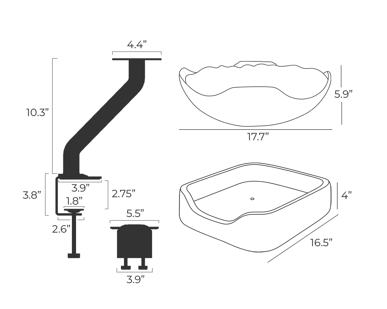 Technical diagram of the ERGO PURRCH™ cat bed mount, showing dimensions of the mounting arm, handwoven bed, and wooden bed, including height, width, and depth measurements.